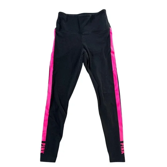 PINK Victoria's Secret Black Pink Stripe Athletic Leggings Women's Size M - Picture 2 of 6